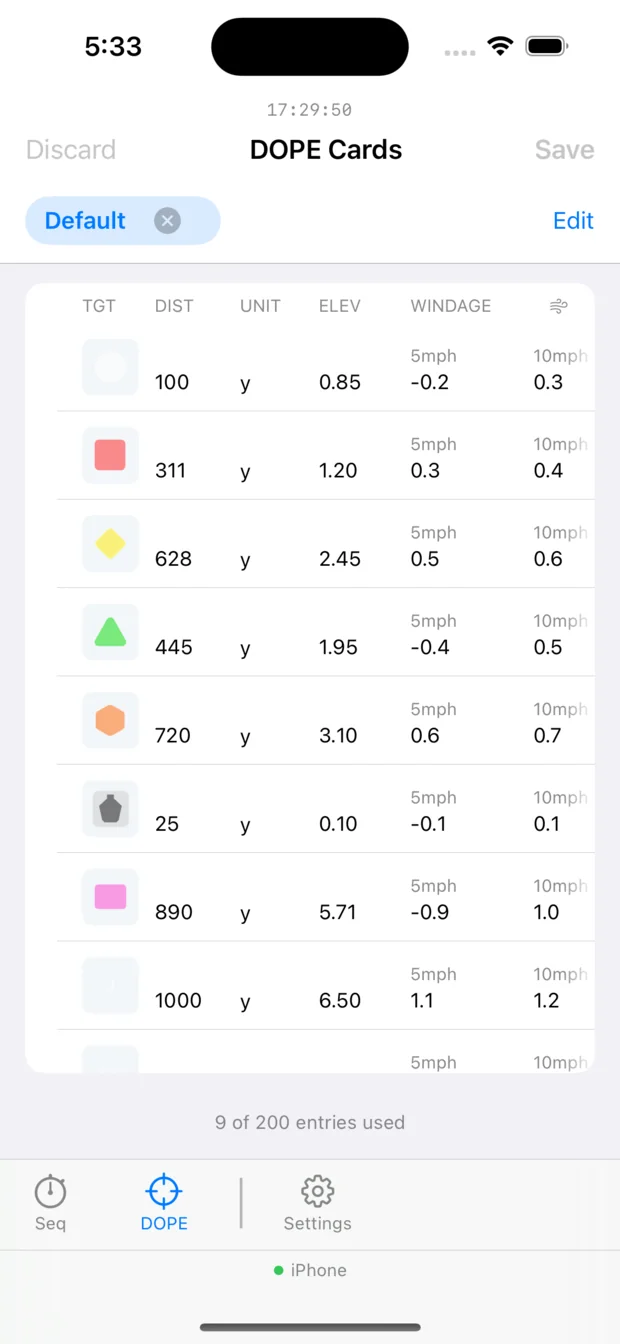 A DOPE card in the Shot Clock companion app on an iPhone: distances from 25 to 1000 yards with elevation and windage at 5mph and 10mph.