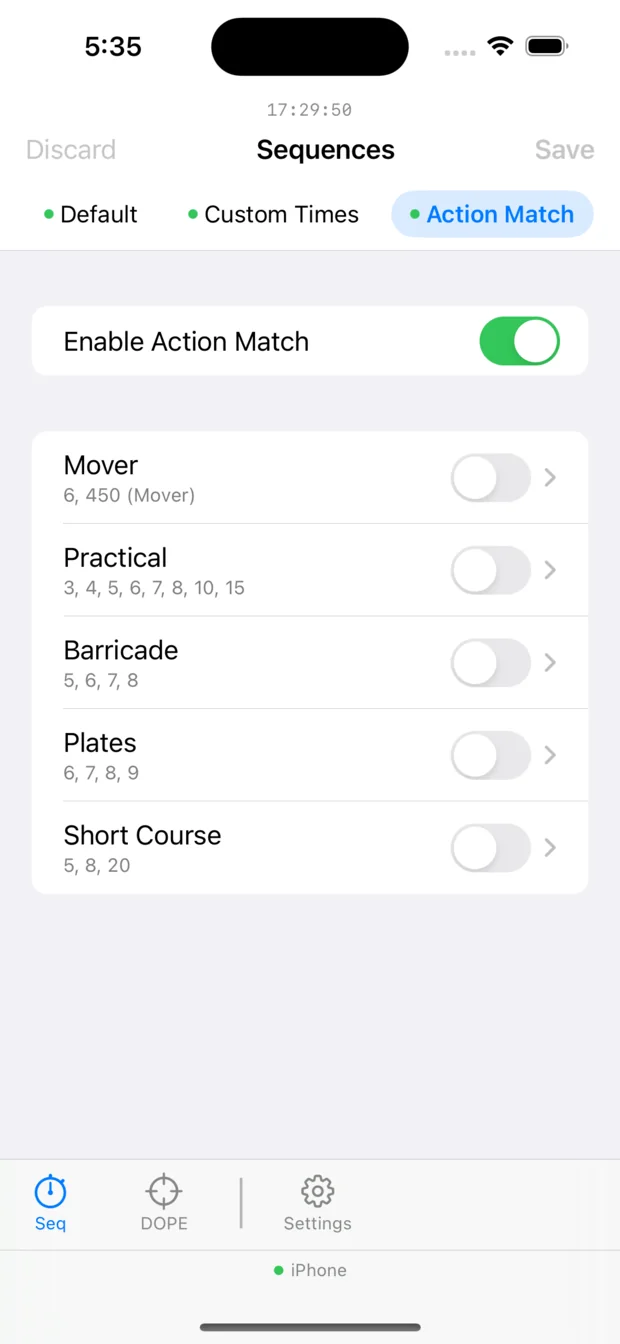 The Shot Clock companion app on an iPhone, showing the Action Match sequence family with Mover, Practical, Barricade, Plates and Short Course and their time strings.